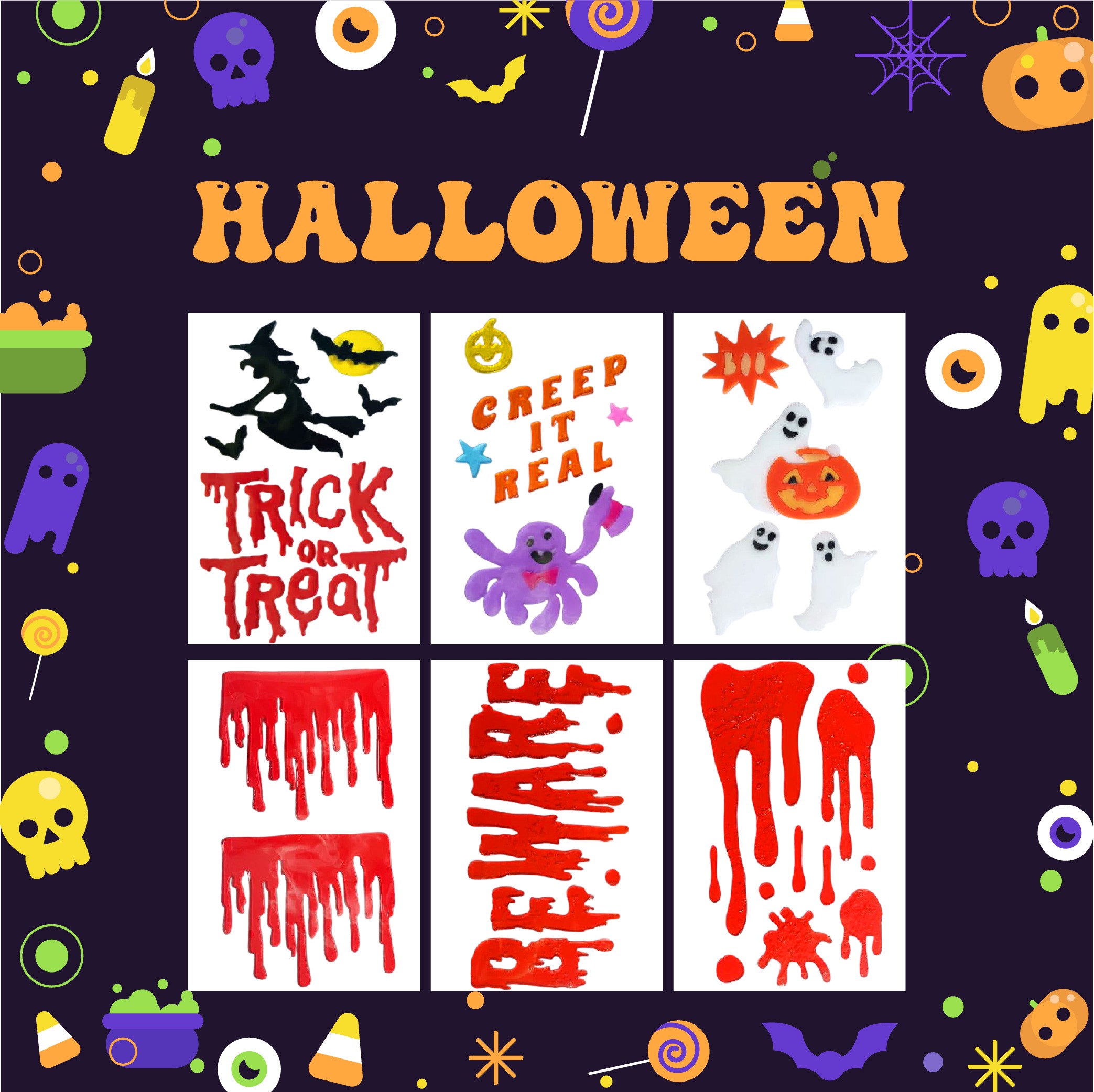 Halloween Window Gel Clings Ghost Pumpkin Bat Witch Cat Boo Blood Decal Stickers for Halloween Home Party Window Decorations Halloween Window Gel Clings Ghost Pumpkin Bat Witch Cat Boo Blood Decal Stickers for Halloween Home Party Window Decorations