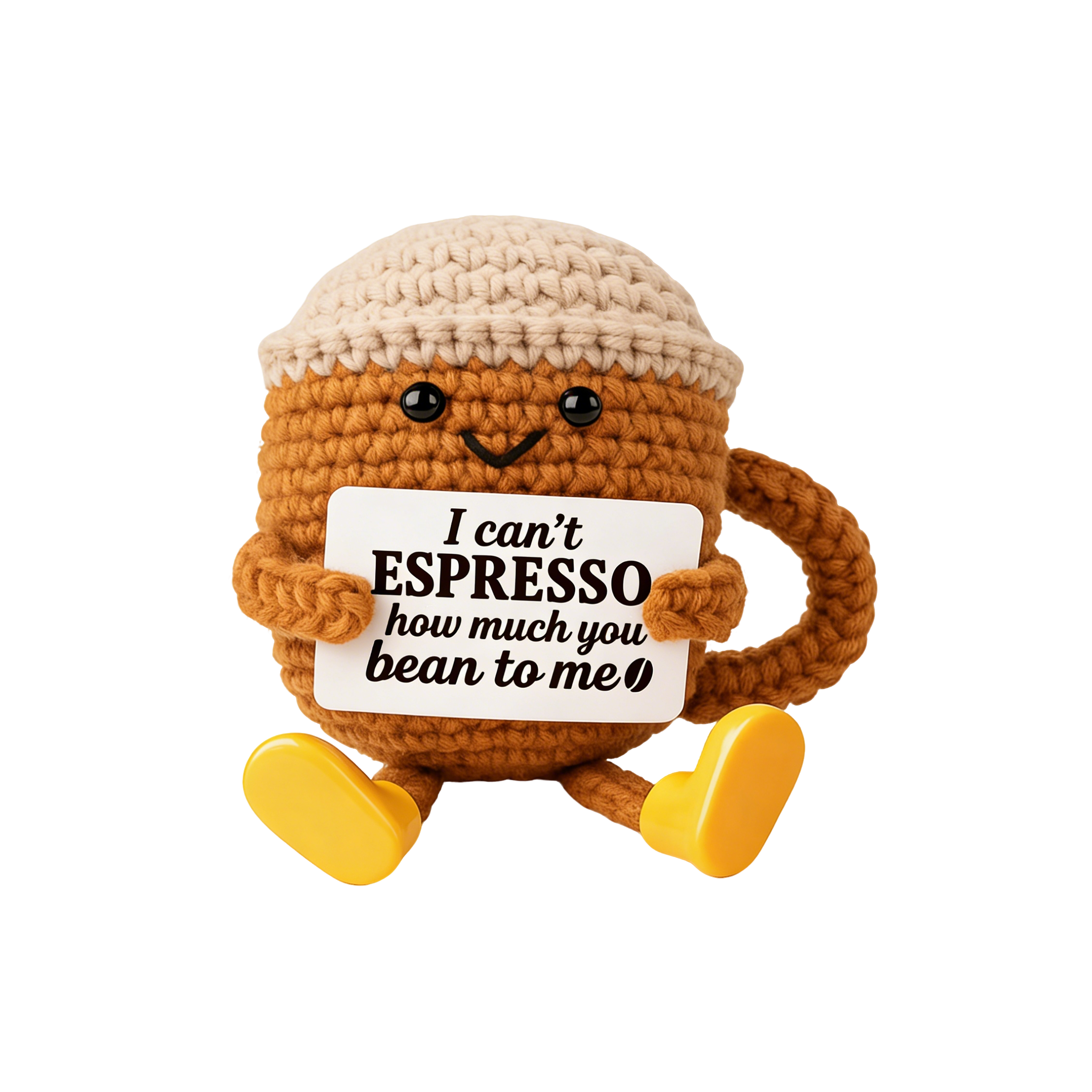 Handmade Crochet Espresso Cup Plush with Pun Card, 