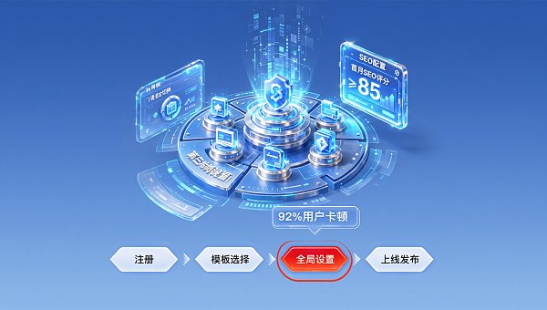 Eyingbao construye sitios web rápidamente, con un promedio de 3.8 horas desde el registro hasta la publicación, y el 92% de los usuarios se quedan atascados en el tercer paso de configuración