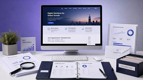 外贸网站解决方案包含哪些模块?建站、SEO、广告与CRM如何打通 ¿Qué módulos incluye una solución para sitios web de comercio exterior? ¿Cómo conectar creación de sitios, SEO, anuncios y CRM?