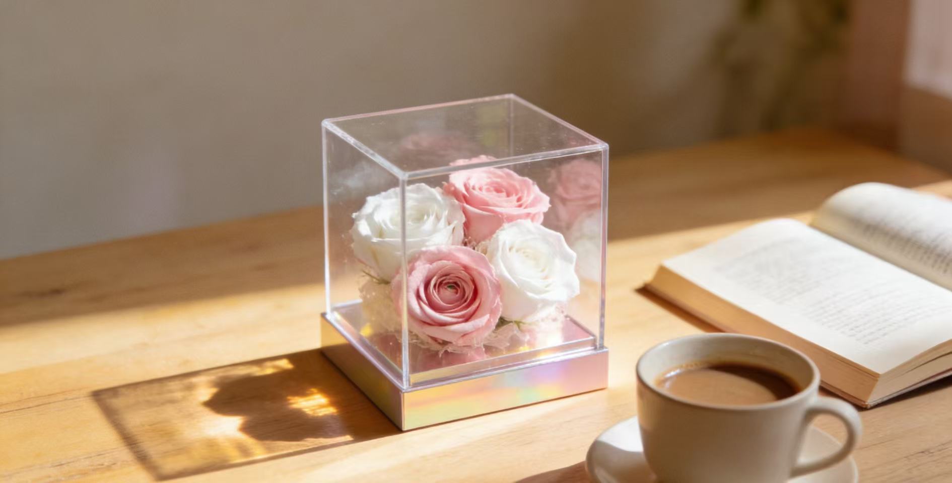 Acrylic flower display box, showcasing floral beauty from every angle without blind spots