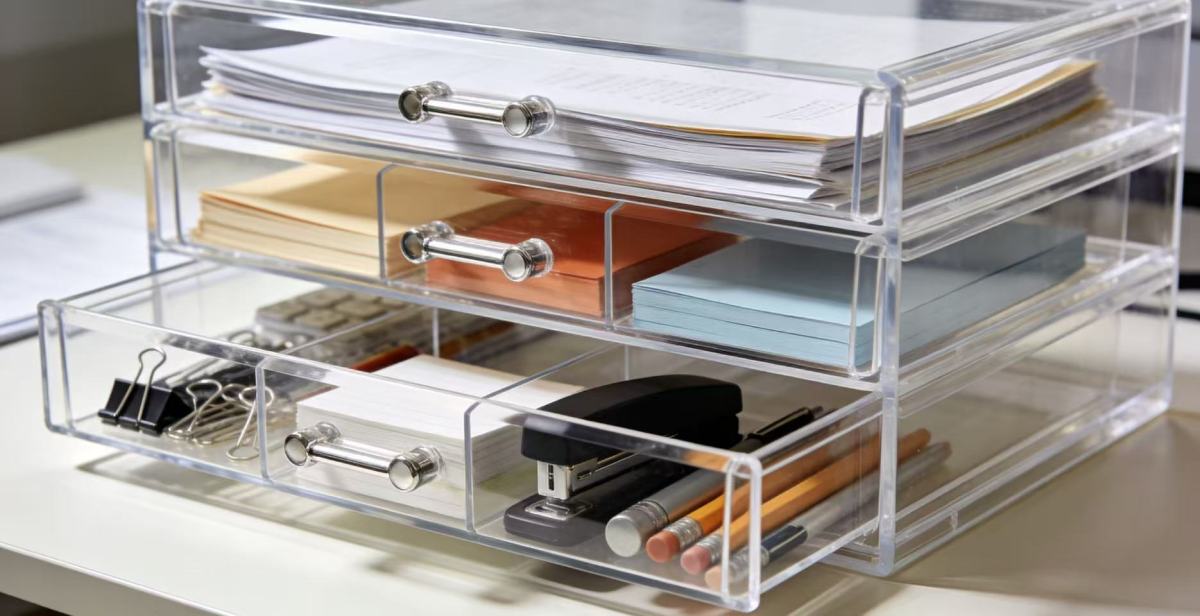 Acrylic storage keeps your desktop free from 'mountains of files'