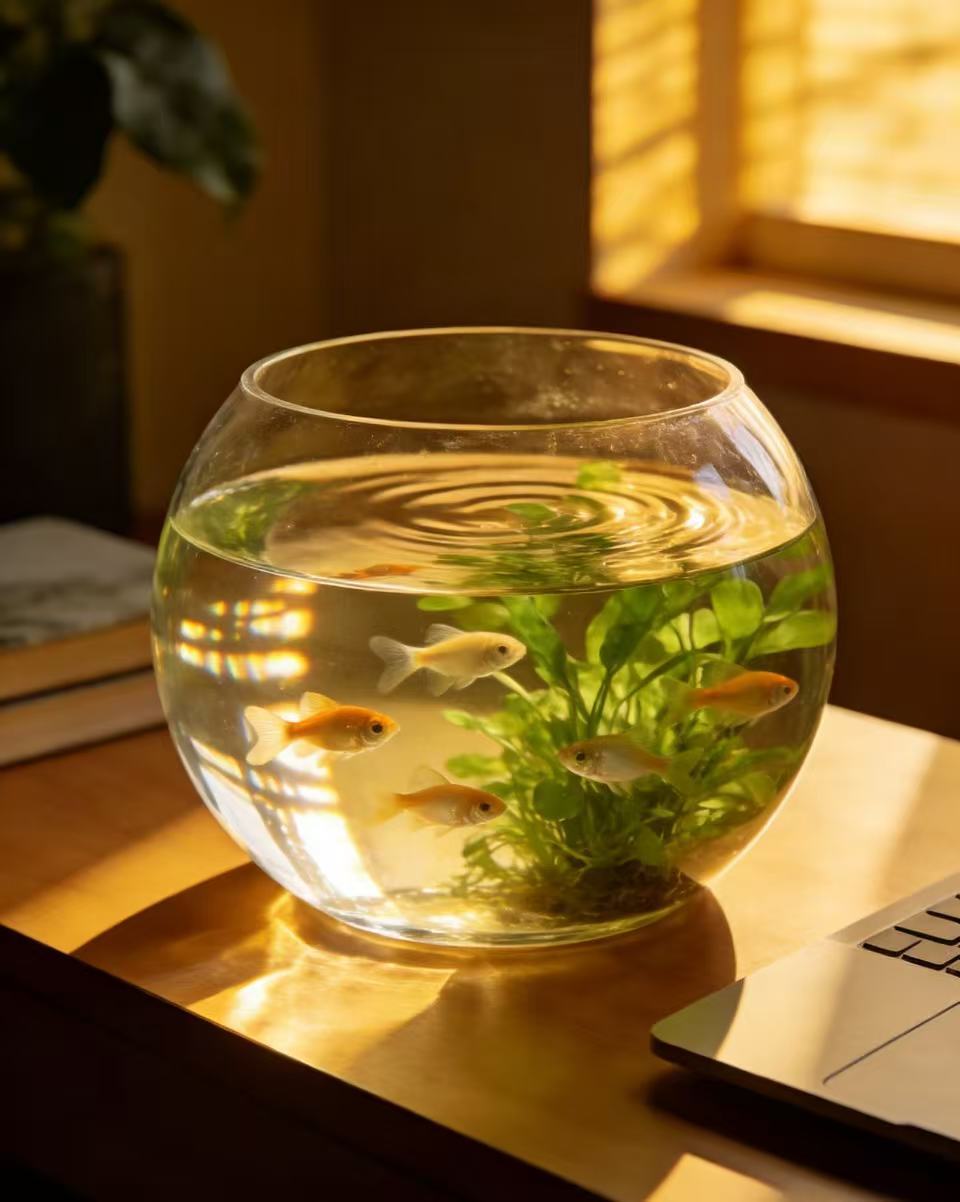 亚克力圆形鱼缸1 Acrylic circular fish tank, healing from fast-paced daily life