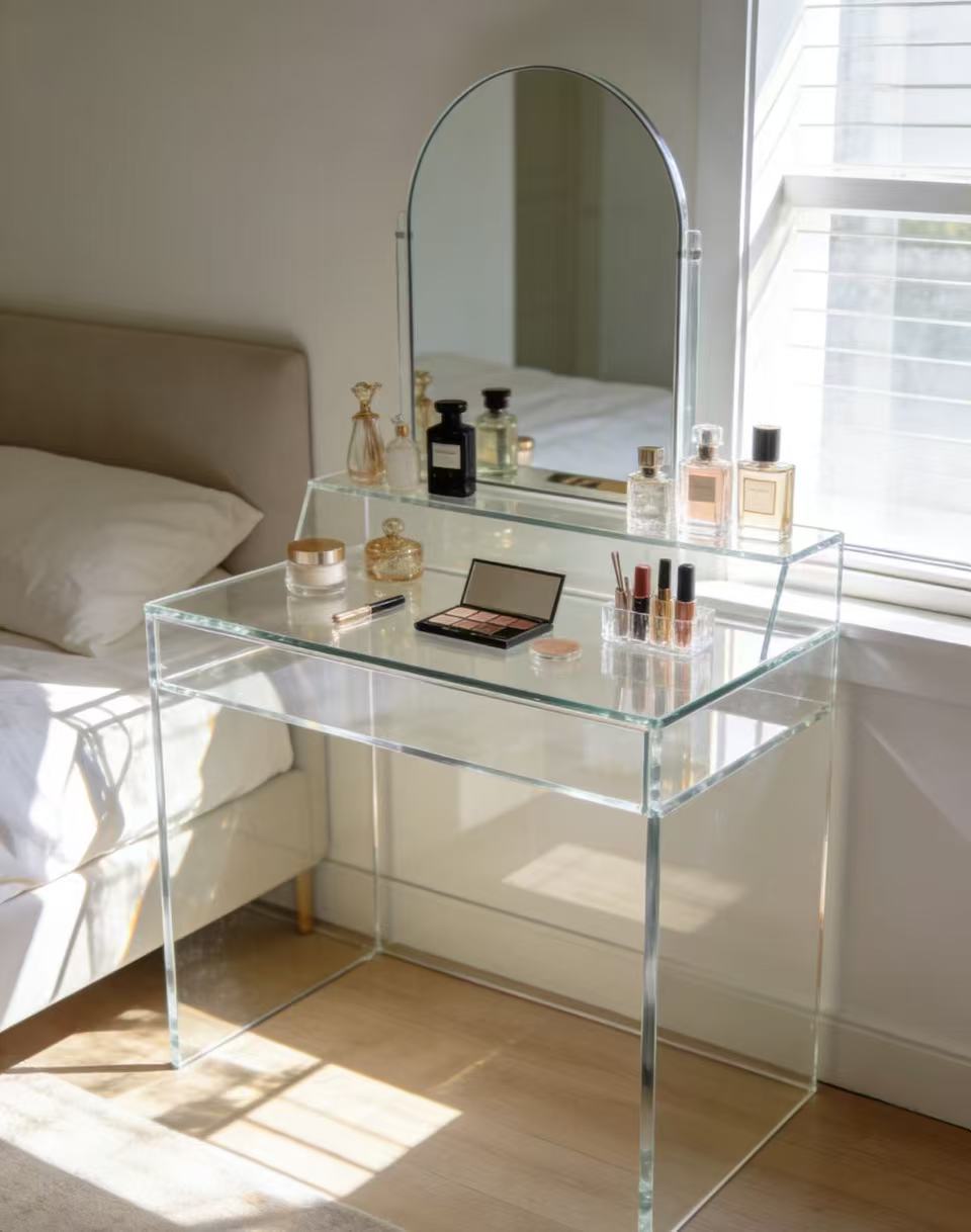 亚克力化妆桌2 Must-have for renters! Portable and space-saving, the vanity table moves with your home.