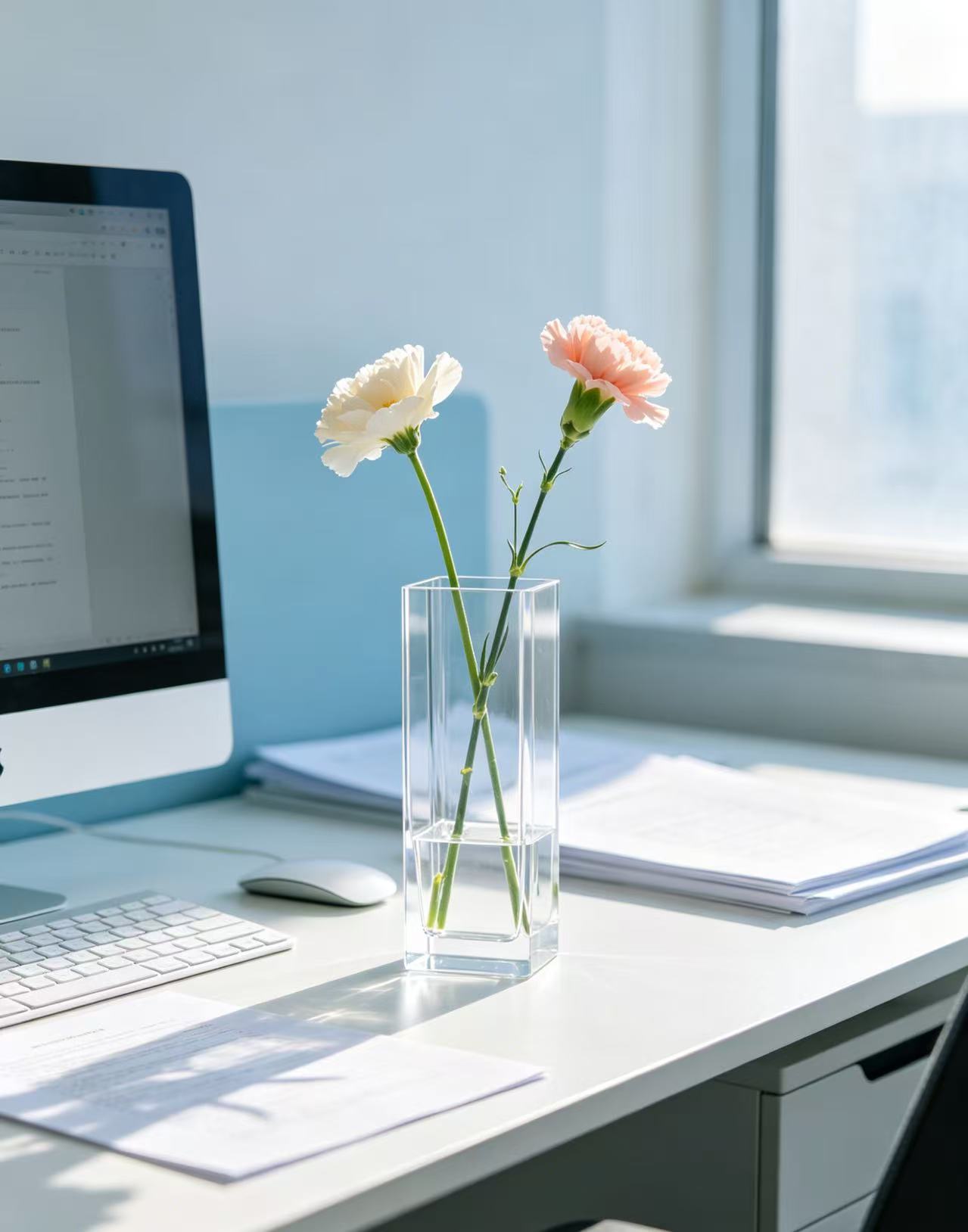 Acrylic vase adds a touch of healing vitality to workstations