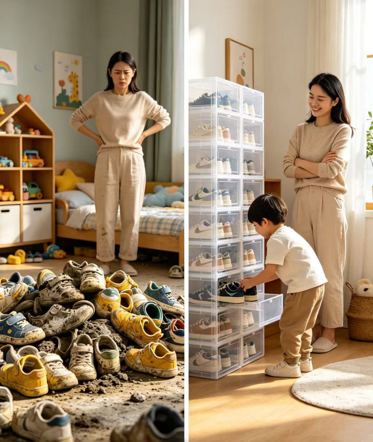 亚克力鞋盒展示盒1 Say goodbye to 'shoe disasters'! The ultimate storage solution for children's shoeboxes