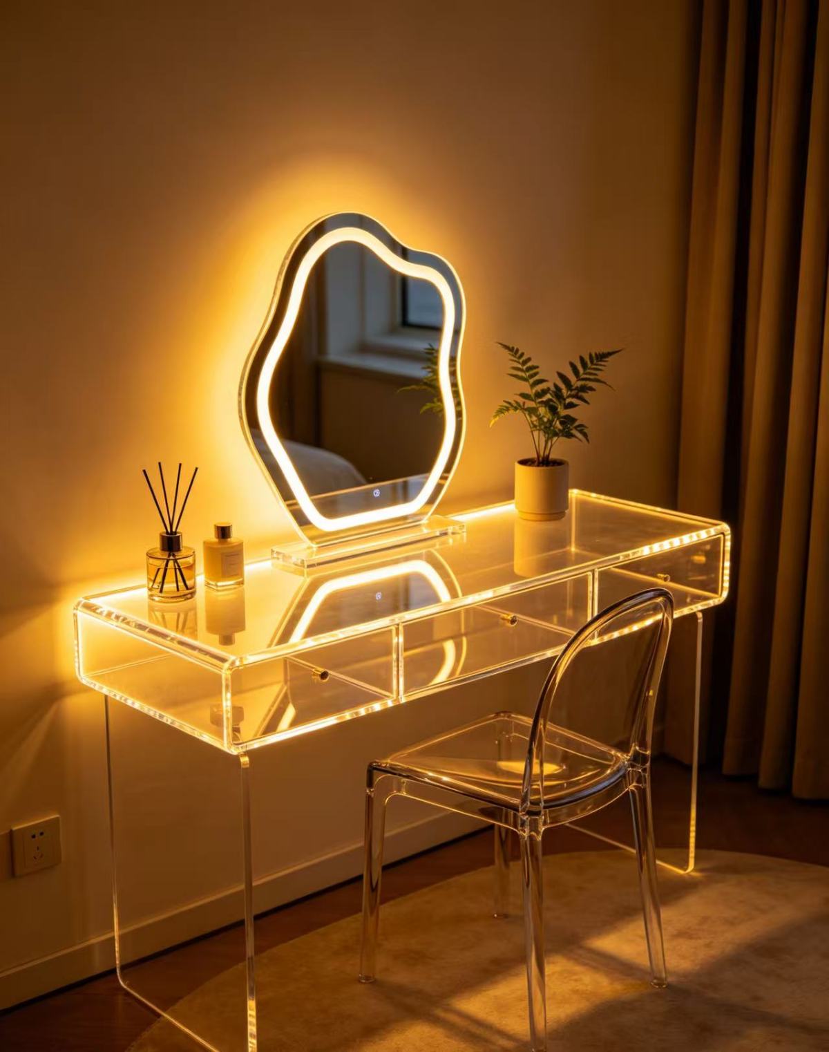 亚克力透明化妆桌1 Acrylic luminous vanity table, creating a nighttime skincare ambiance