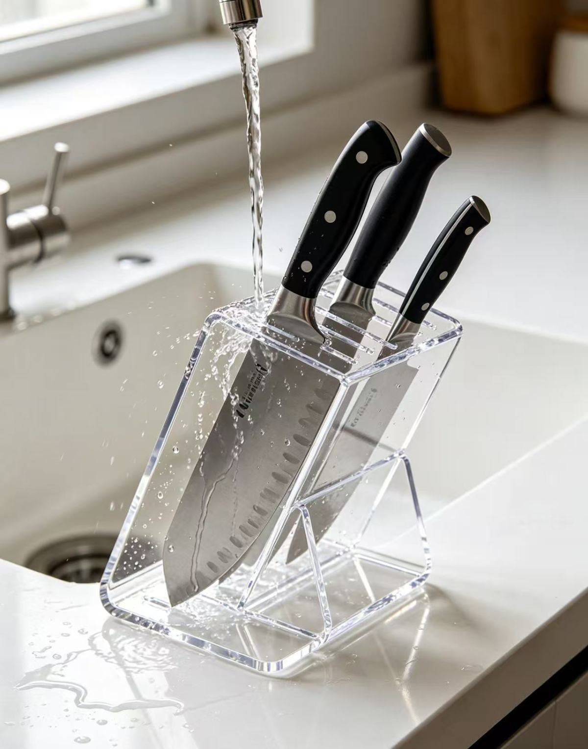 High-transparency acrylic knife holder with instant cleaning capability