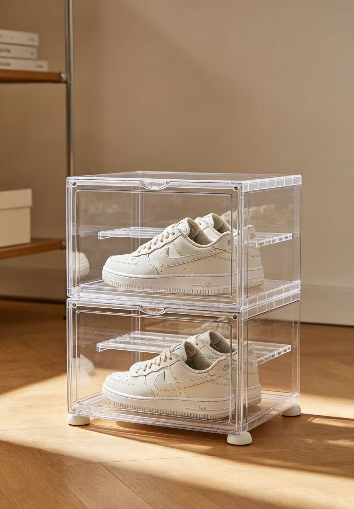 Adjustable shelf height; the acrylic shoe box is highly practical.