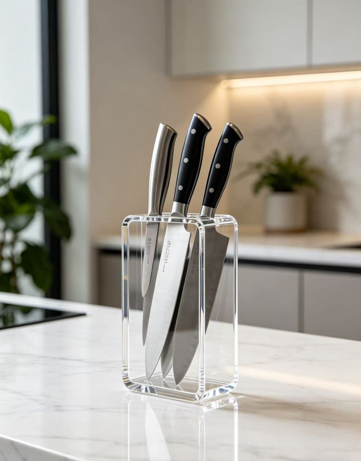 The acrylic, transparent knife holder adds a premium touch to your kitchen
