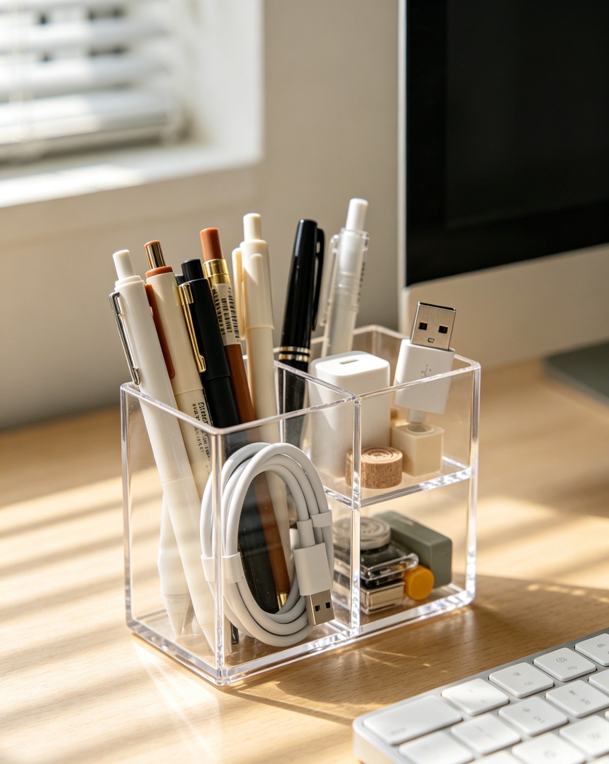 亚克力笔筒1 A must-have for renters! This acrylic pen holder has an incredible storage capacity