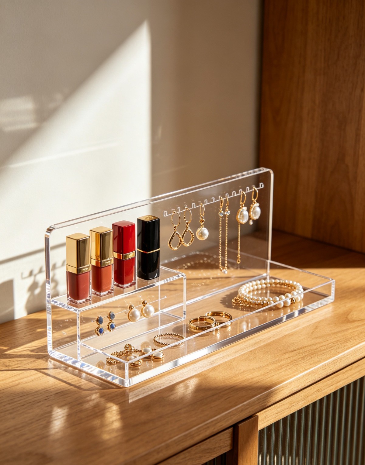 The acrylic cosmetic display rack offers a variety of storage solutions