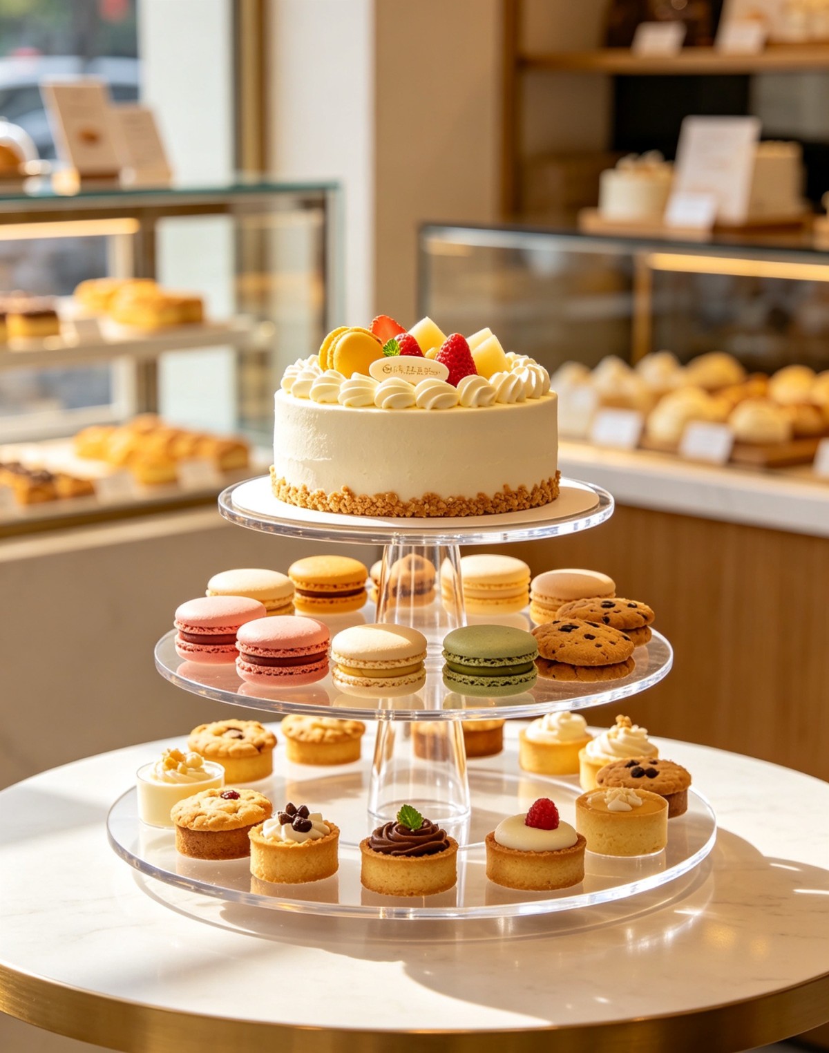 亚克力蛋糕展示架2 The acrylic cake display rack embodies a practical approach tailored specifically for retail stores