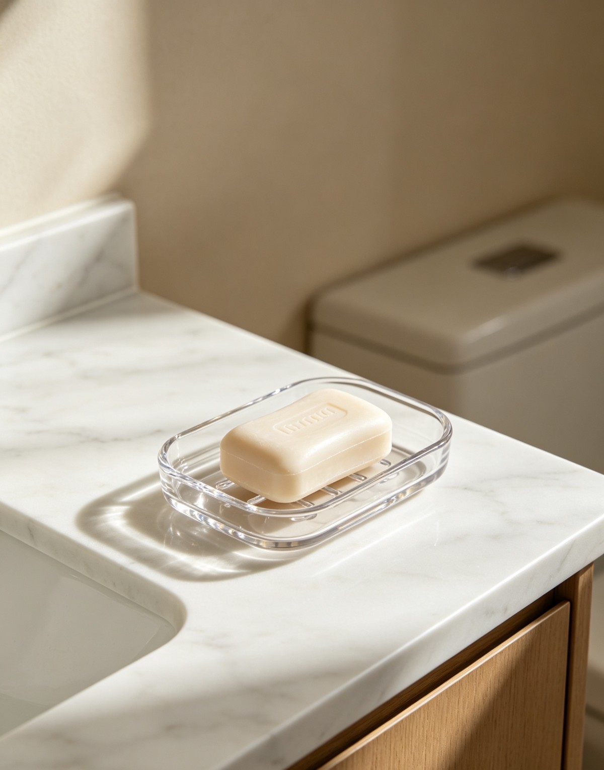A transparent acrylic soap box that enhances the gentle, soothing atmosphere of your bathroom