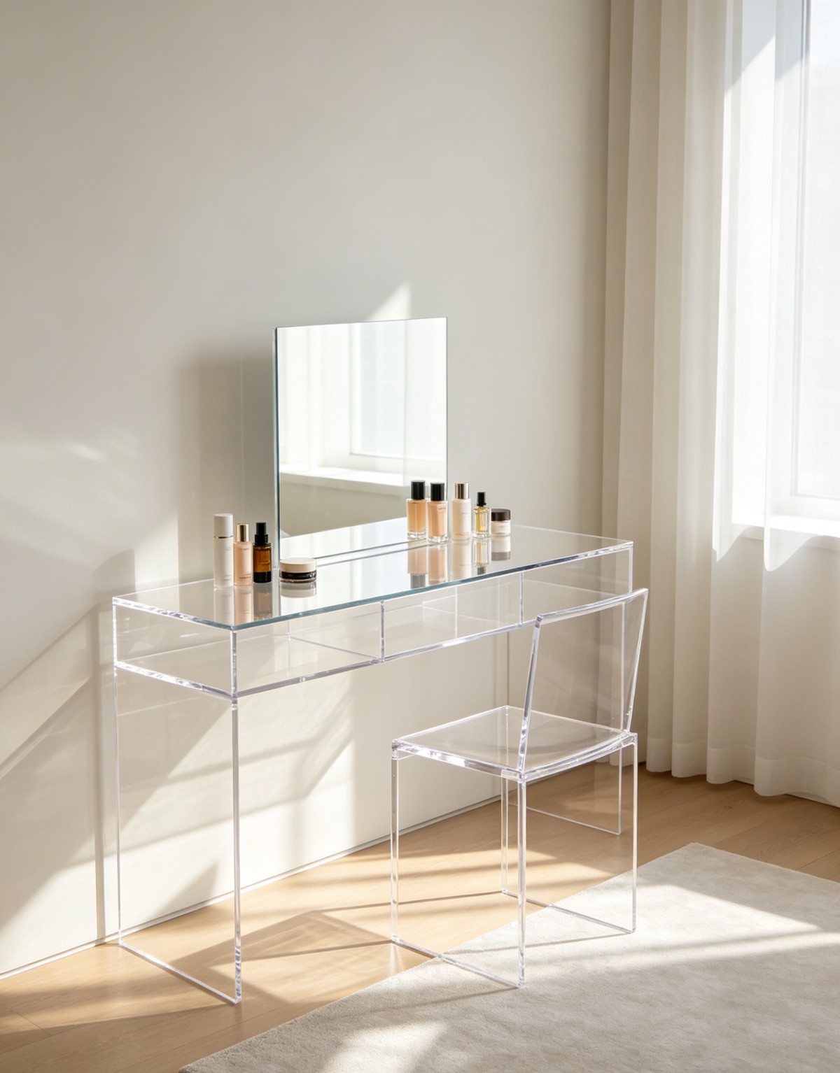 亚克力化妆桌1 The transparent, minimalist makeup table embodies the concept of a clean and tidy home aesthetic