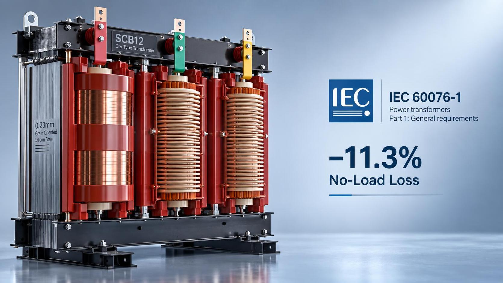 محول جاف عالي الكفاءة SCB12: قياس الانخفاض الفعلي في خسائر اللاحمل مقارنةً بالمعايير المرجعية IEC 60076-1