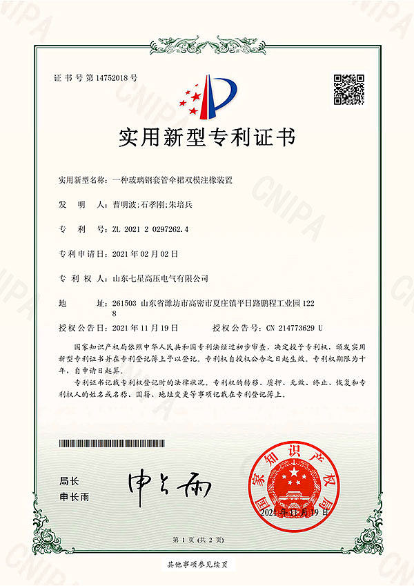 12. 一种玻璃钢套管伞裙双模注橡装置 实用新型专利证书
