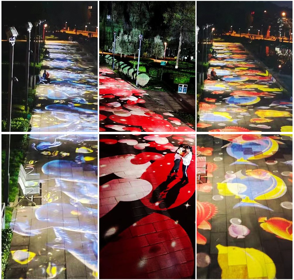 Dynamic pattern projections create immersive environments and enhance visitor experience.