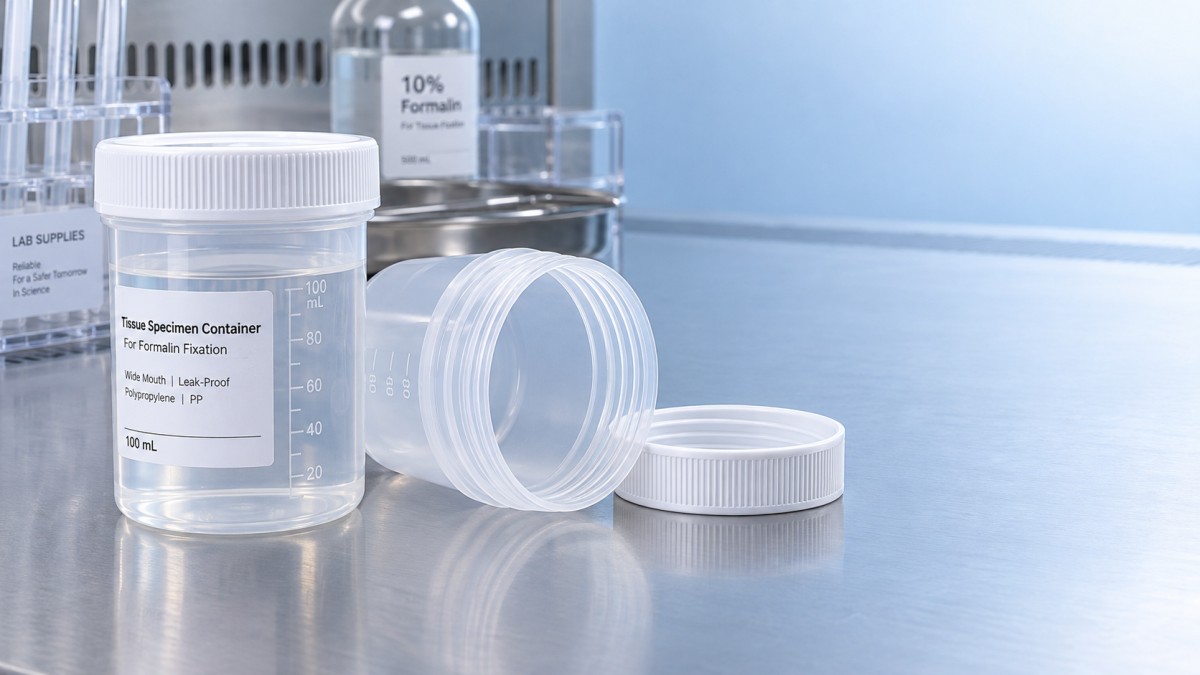 Which specimen container is suitable for formalin-fixed tissue? ما حاوية العينات المناسبة للأنسجة المثبتة بالفورمالين؟