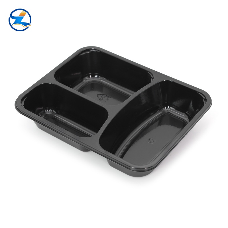 yellow PLA tray, black and white CPET tray, grey PP tray