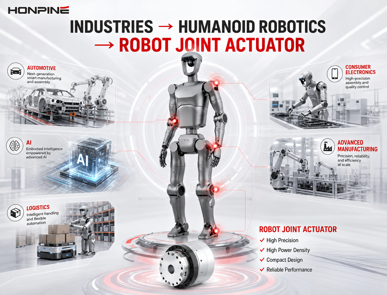 Actuadores de articulación para robots humanoides que conectan las industrias de IA, automoción, logística y robótica avanzada