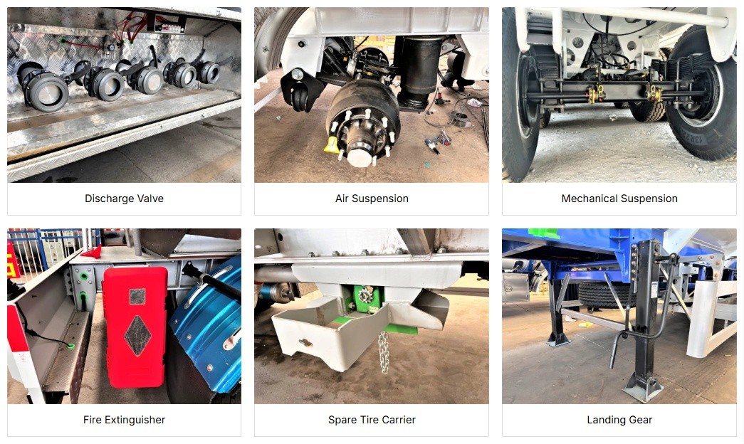 Technical details of ZW Group fuel tanker trailer including discharge valve, air and mechanical suspension, fire extinguisher, spare tire carrier, and landing gear. Technical details of ZW Group fuel tanker trailer including discharge valve, air and mechanical suspension, fire extinguisher, spare tire carrier, and landing gear.