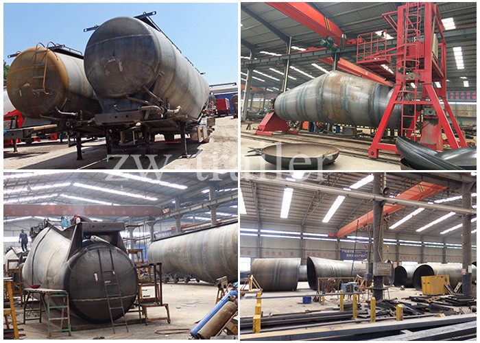 Powder tanker semi trailer manufacturing factory collage showing multiple tank bodies under production, assembly lines, welding and shaping processes, factory cranes, equipment, and storage areas in a single image Powder tanker semi trailer manufacturing factory collage showing multiple tank bodies under production, assembly lines, welding and shaping processes, factory cranes, equipment, and storage areas in a single image