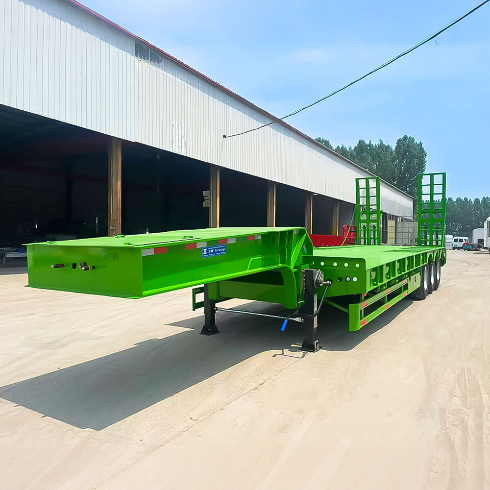 3 axle lowbed semi trailer front three quarter view highlighting low deck height and axle layout