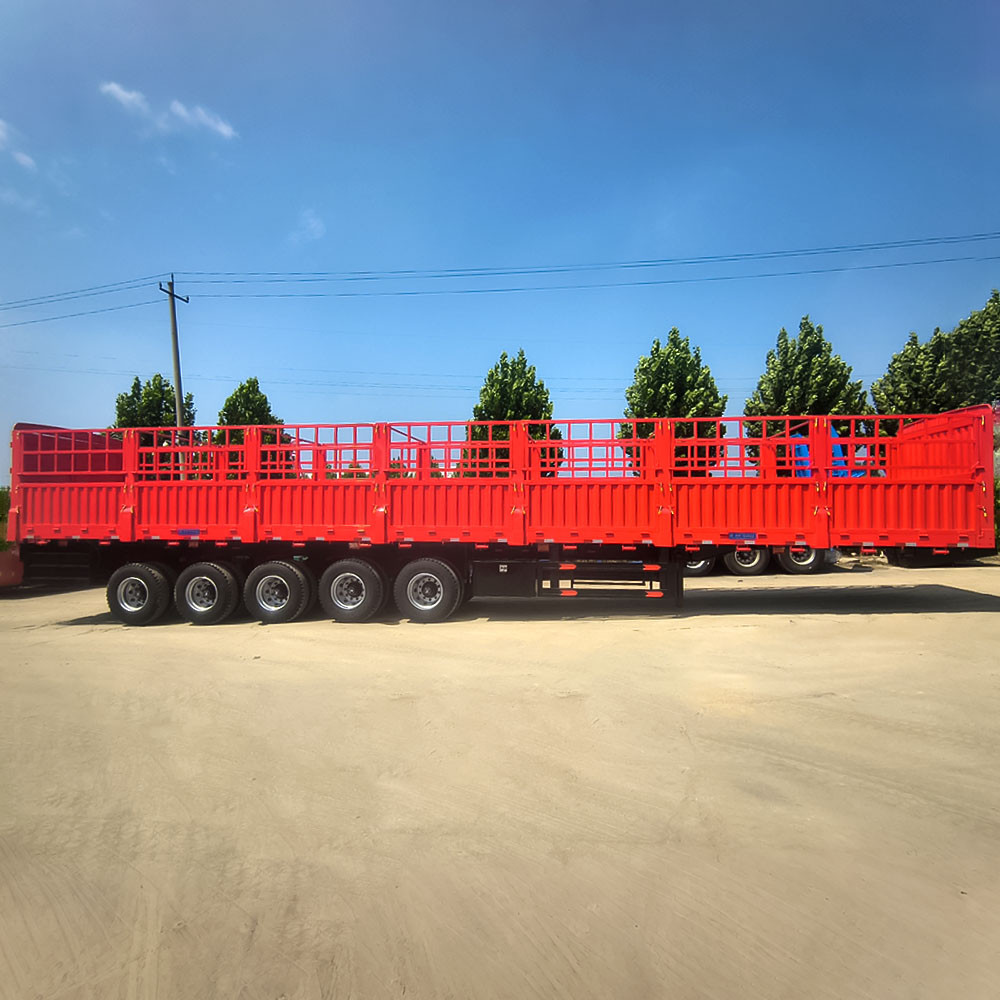 5 axle 80 ton fence semi trailer side view showing long cargo deck and removable fence panels