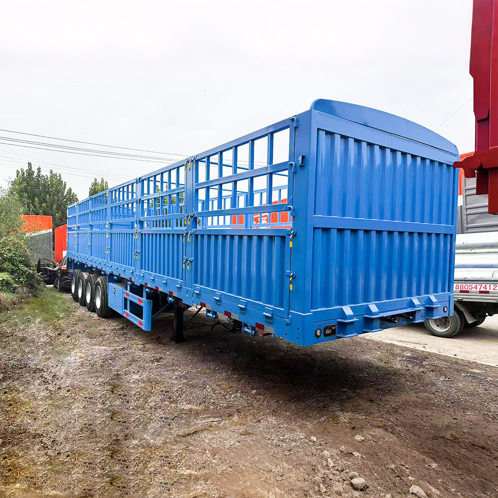 4 axle fence cargo semi trailer front three quarter view highlighting fence cargo structure and axle layout