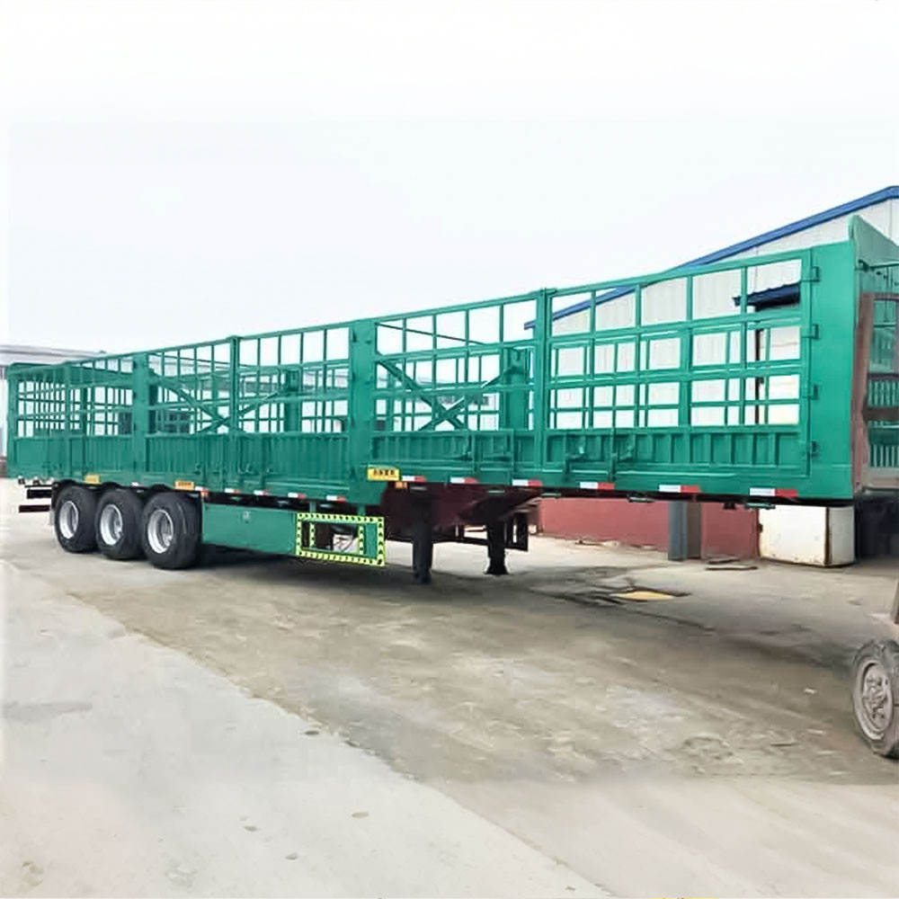 60T fence cargo semi trailer front three quarter view highlighting cargo fence structure and three axle layout