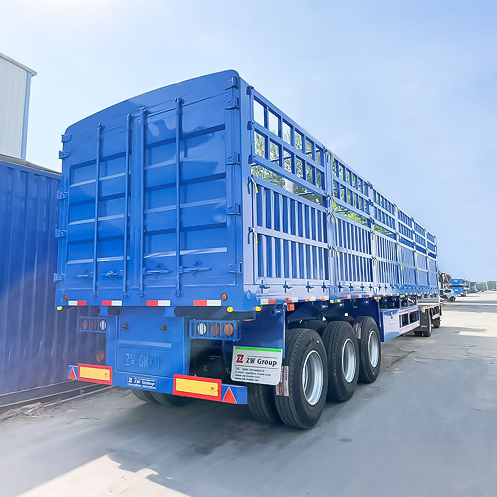 3 axle fence semi trailer rear three quarter view showing rear cargo gate and reinforced frame
