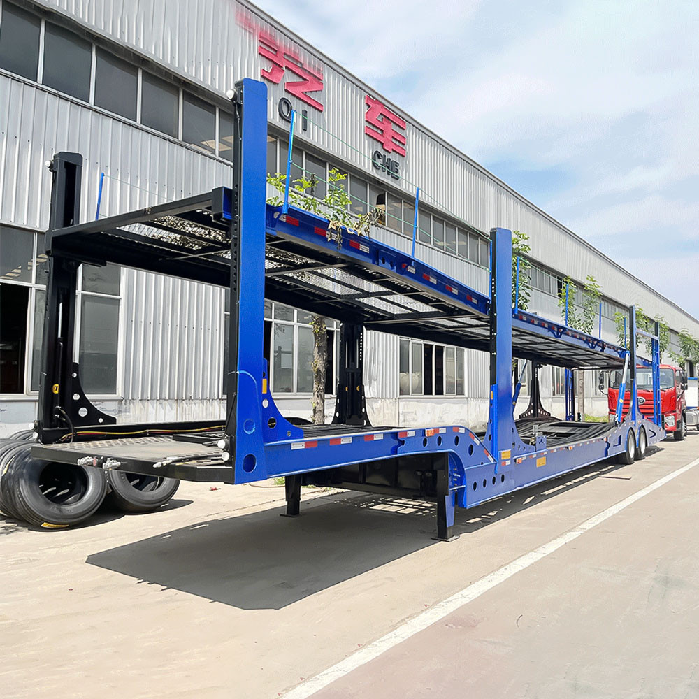 double deck 8-car carrier semi trailer front three quarter view highlighting double deck structure and long chassis