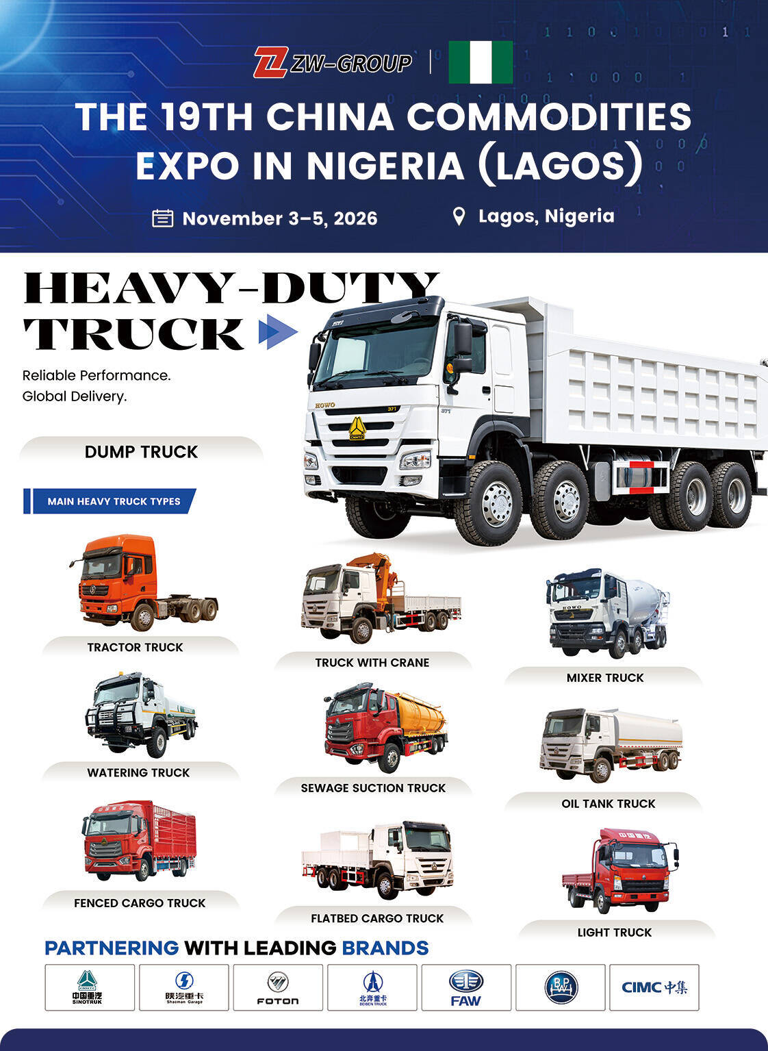 ZW Group heavy-duty trucks and semi-trailers at the 2026 Nigeria exhibition