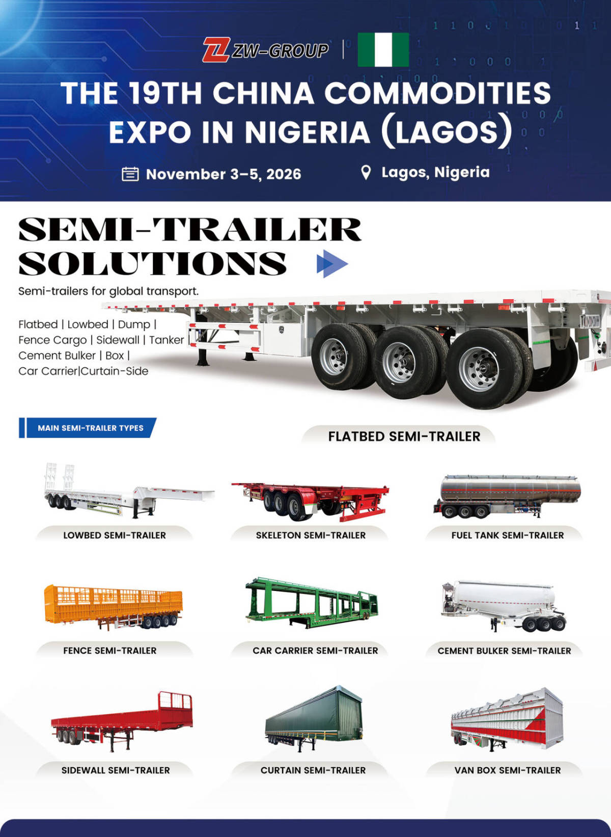 ZW Group heavy-duty trucks and semi-trailers at the 2026 Nigeria exhibition