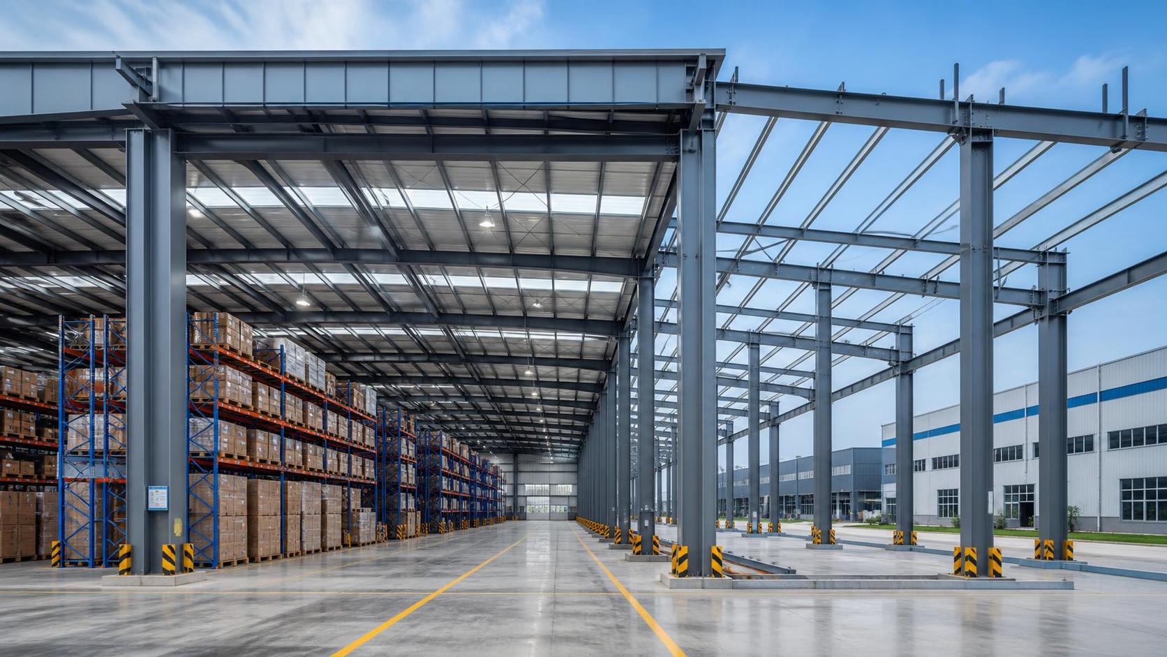 When does steel construction for warehouse lower total build cost?