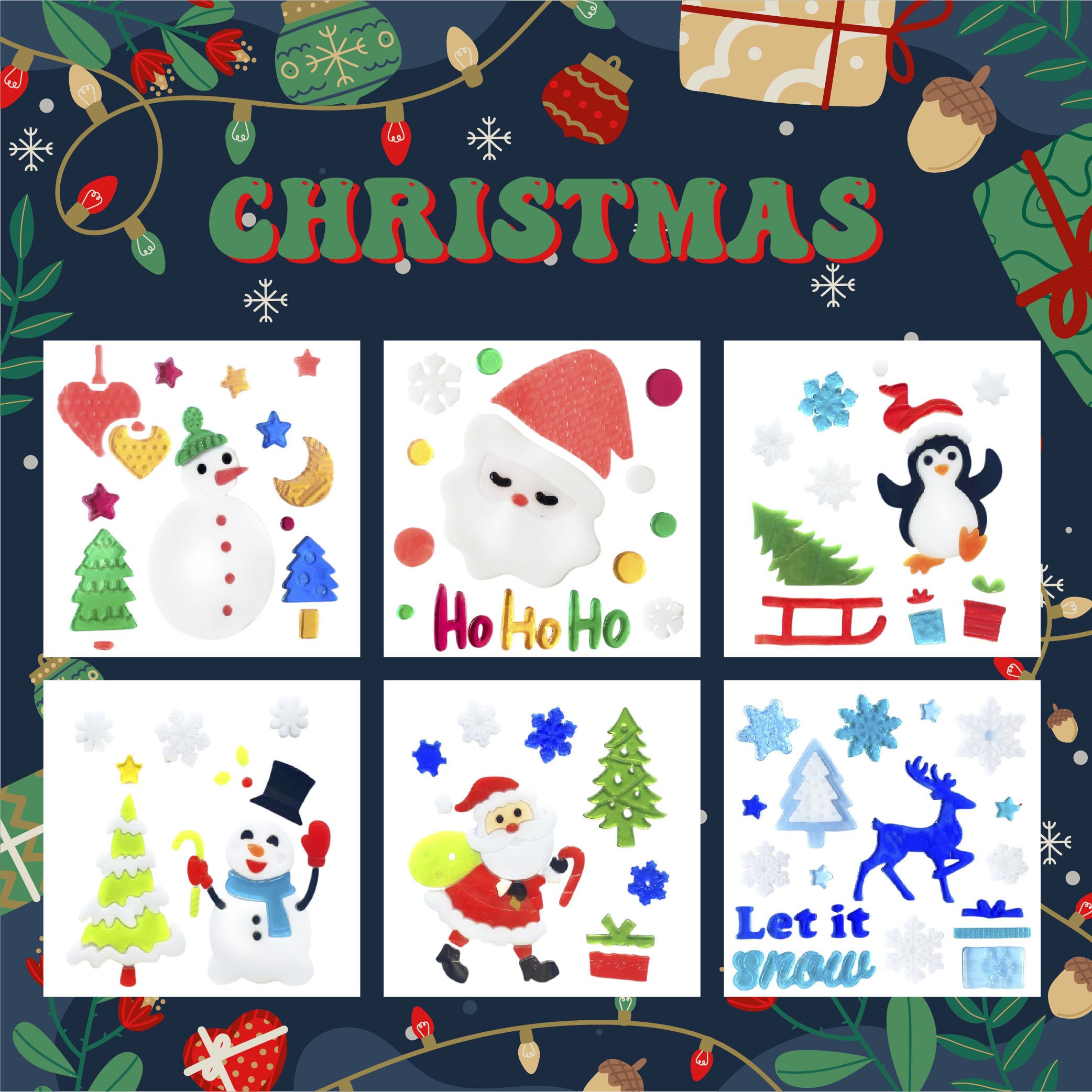 ملصقات جل للنوافذ لعيد الميلاد - ملصقات نوافذ لعيد الميلاد بتصاميم بابا نويل ورجل الثلج ورقاقات الثلج والبطريق وشجرة عيد الميلاد والهدايا للأطفال