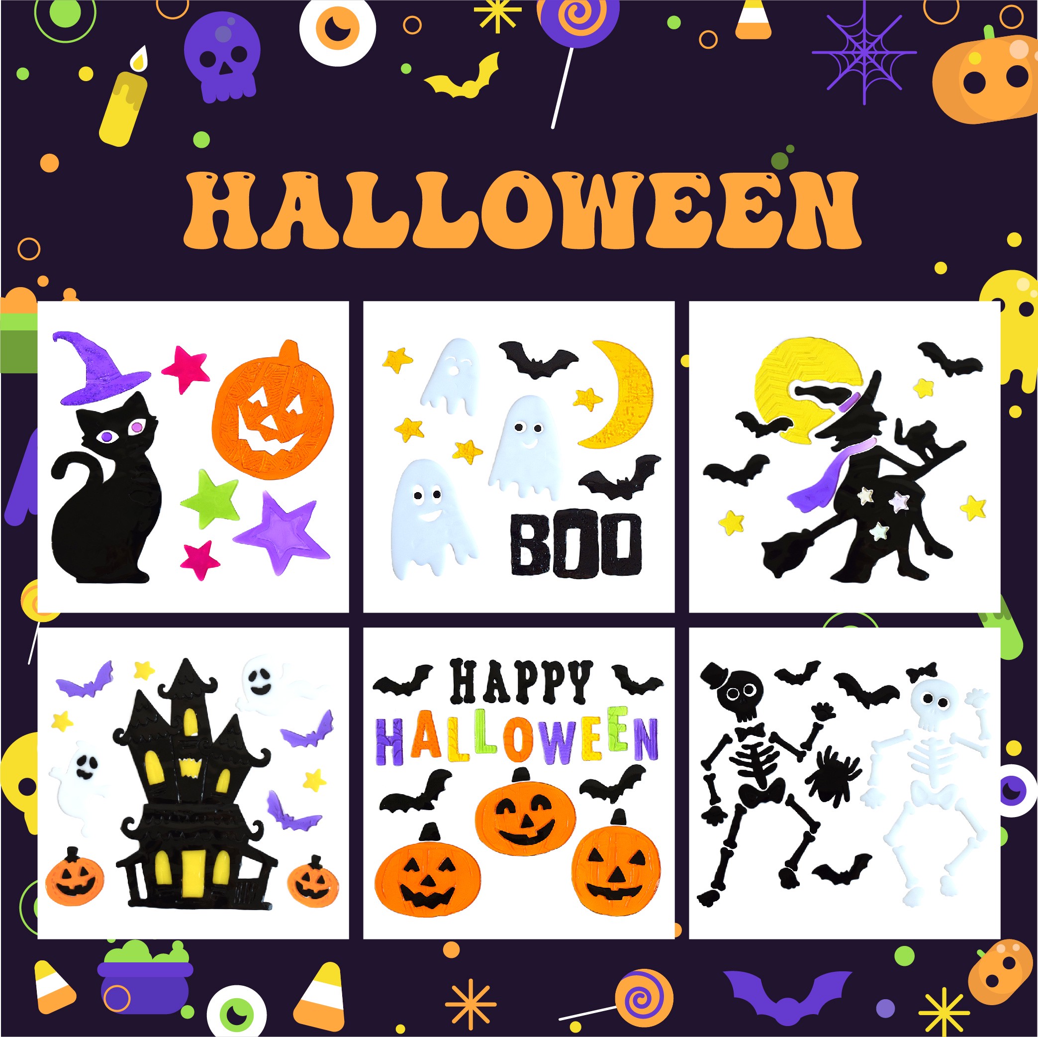 Pegatinas de gel para ventanas personalizadas OEM/ODM para las cuatro estaciones, con diseño y tamaño personalizados para primavera, Pascua, San Valentín, San Patricio, Halloween, Acción de Gracias, otoño, Navidad y decoración del hogar.