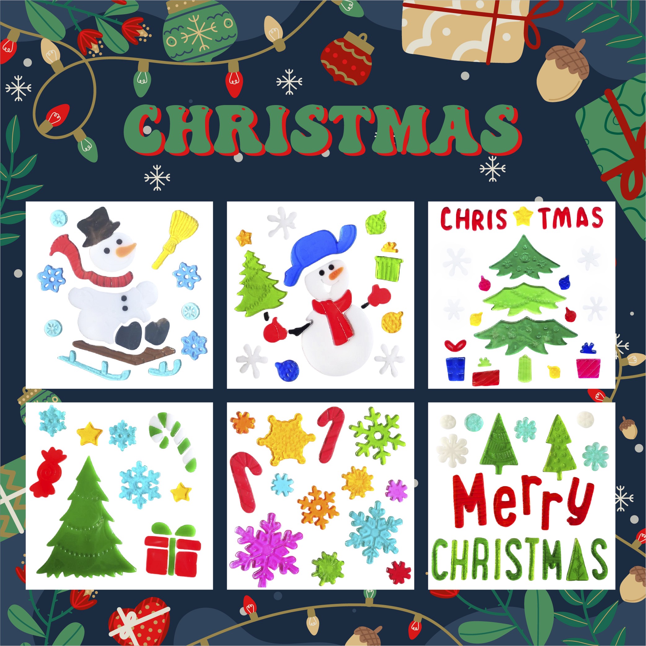 Adhesivos de gel para ventanas de Navidad - Pegatinas de ventana navideñas de Papá Noel, muñeco de nieve, copo de nieve, pingüino, árbol de Navidad y regalo para niños