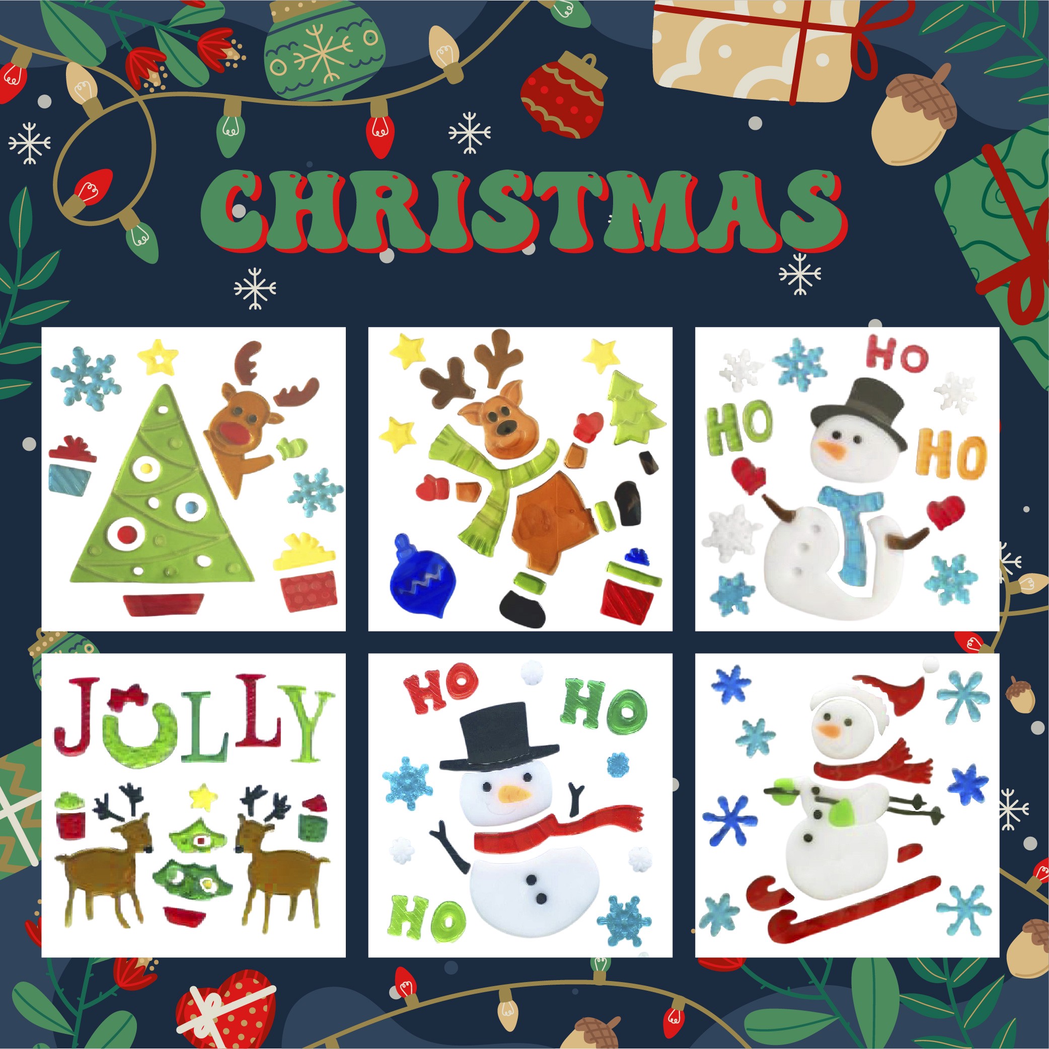Adhesivos de gel para ventanas de Navidad - Pegatinas de ventana navideñas de Papá Noel, muñeco de nieve, copo de nieve, pingüino, árbol de Navidad y regalo para niños