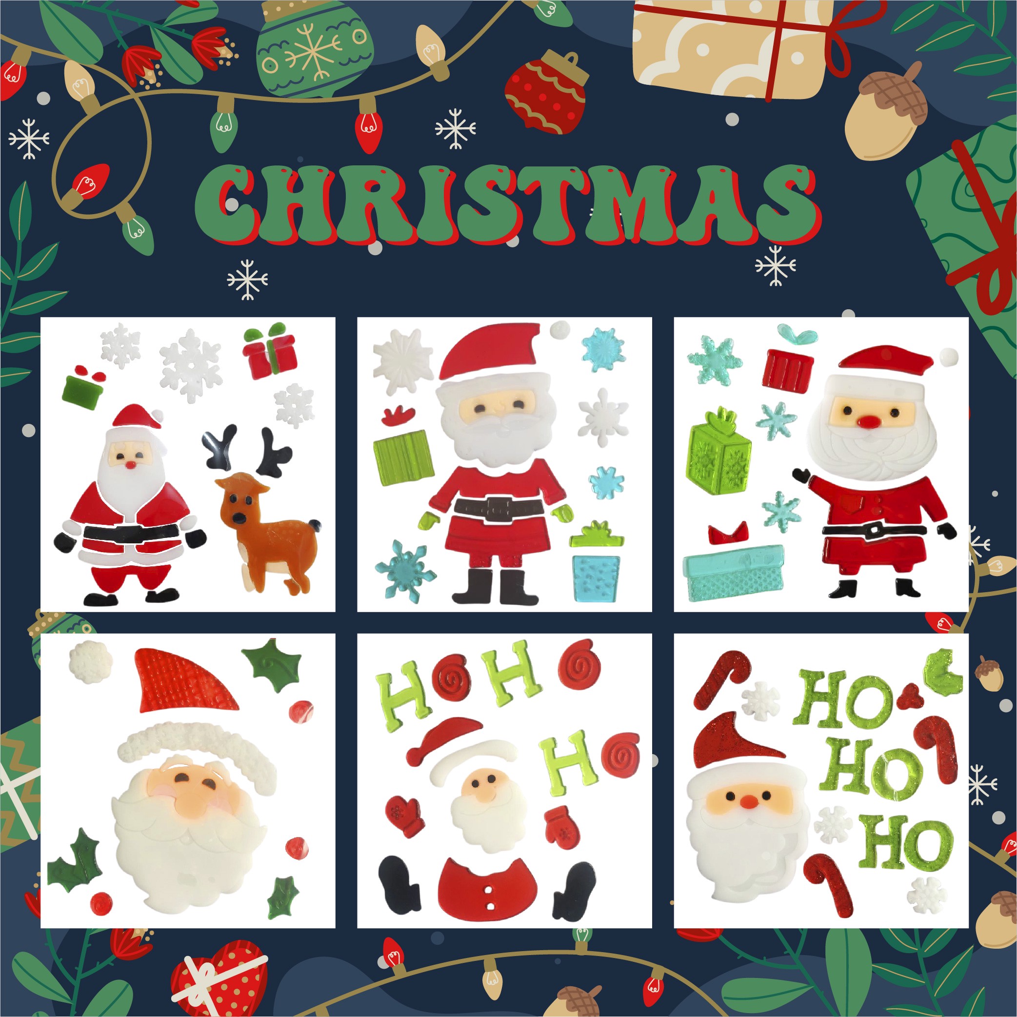 Adhesivos de gel para ventanas de Navidad - Pegatinas de ventana navideñas de Papá Noel, muñeco de nieve, copo de nieve, pingüino, árbol de Navidad y regalo para niños