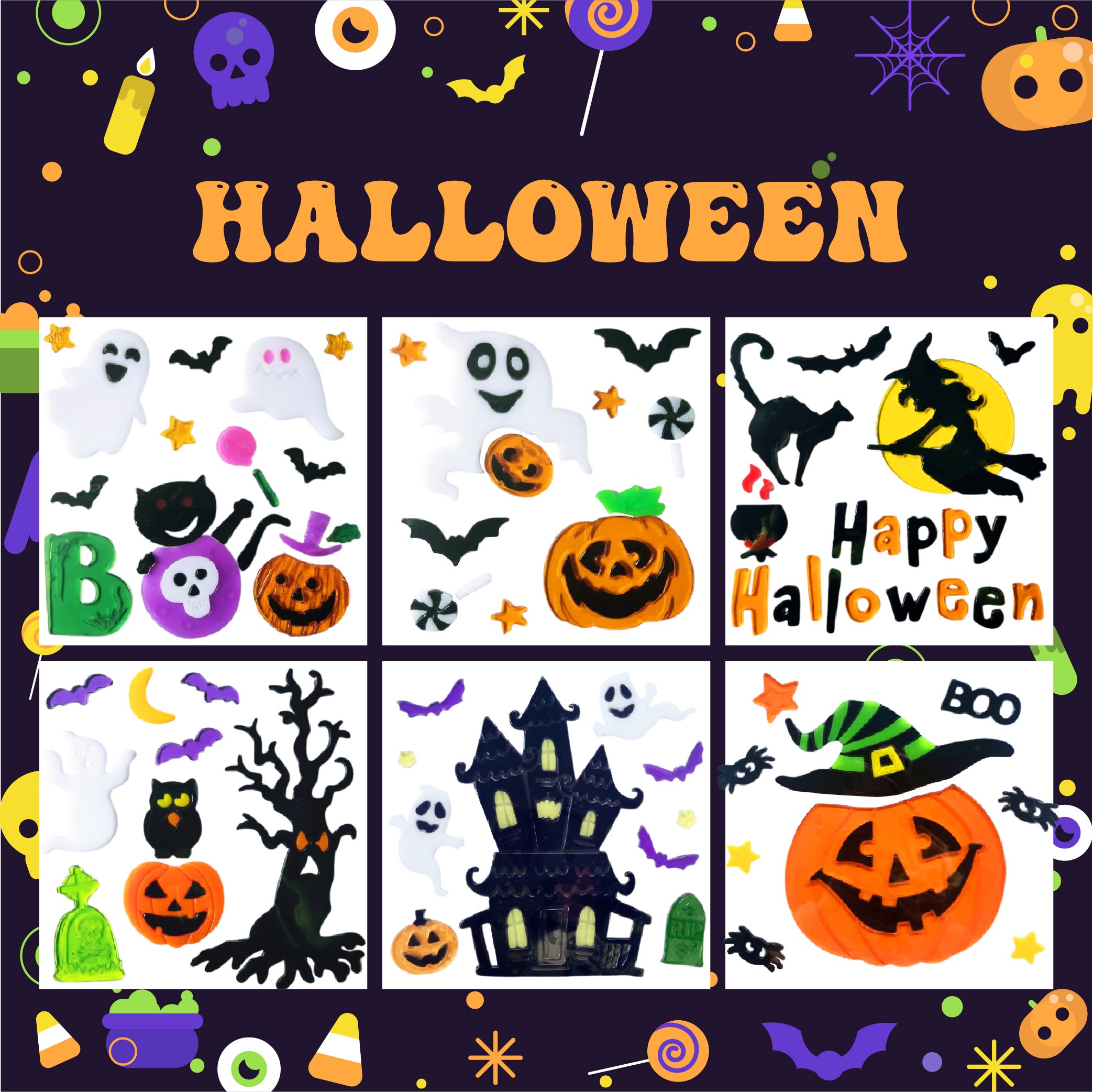 Adhesivos de gel para ventanas de Halloween fantasma calabaza murciélago bruja gato Boo sangre pegatinas decorativas para decoraciones de ventanas de Halloween en el hogar y fiestas