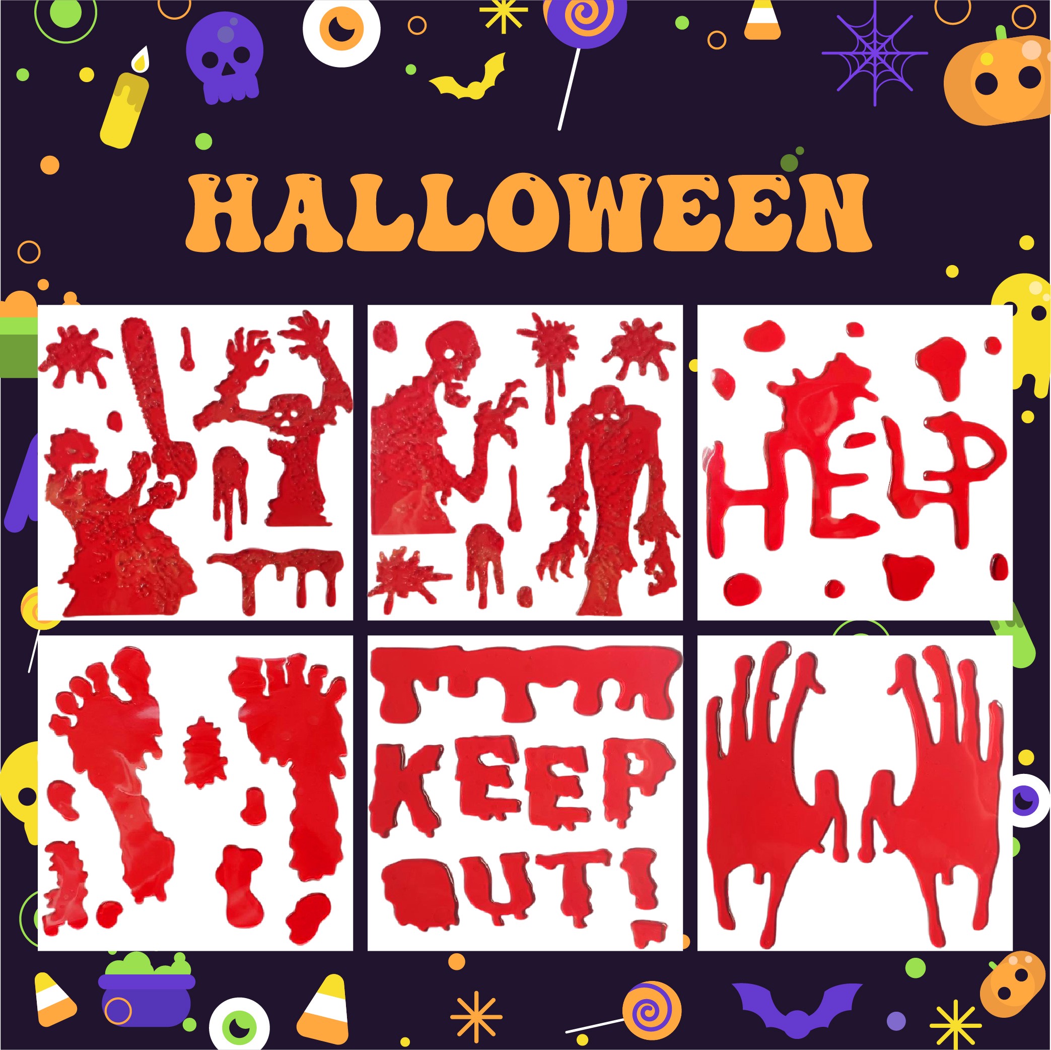 Adhesivos de gel para ventanas de Halloween fantasma calabaza murciélago bruja gato Boo sangre pegatinas decorativas para decoraciones de ventanas de Halloween en el hogar y fiestas
