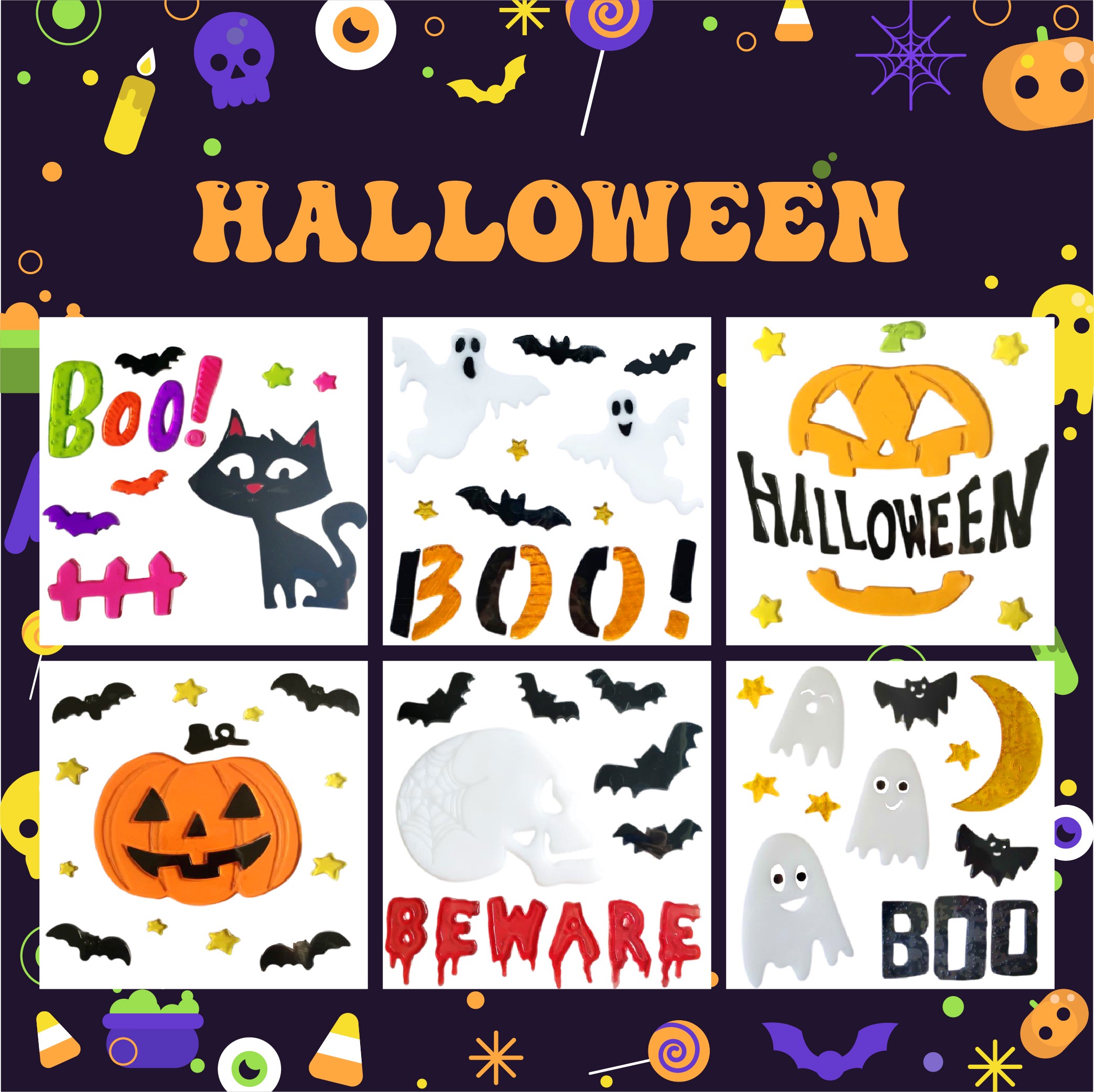Adhesivos de gel para ventanas de Halloween fantasma calabaza murciélago bruja gato Boo sangre pegatinas decorativas para decoraciones de ventanas de Halloween en el hogar y fiestas