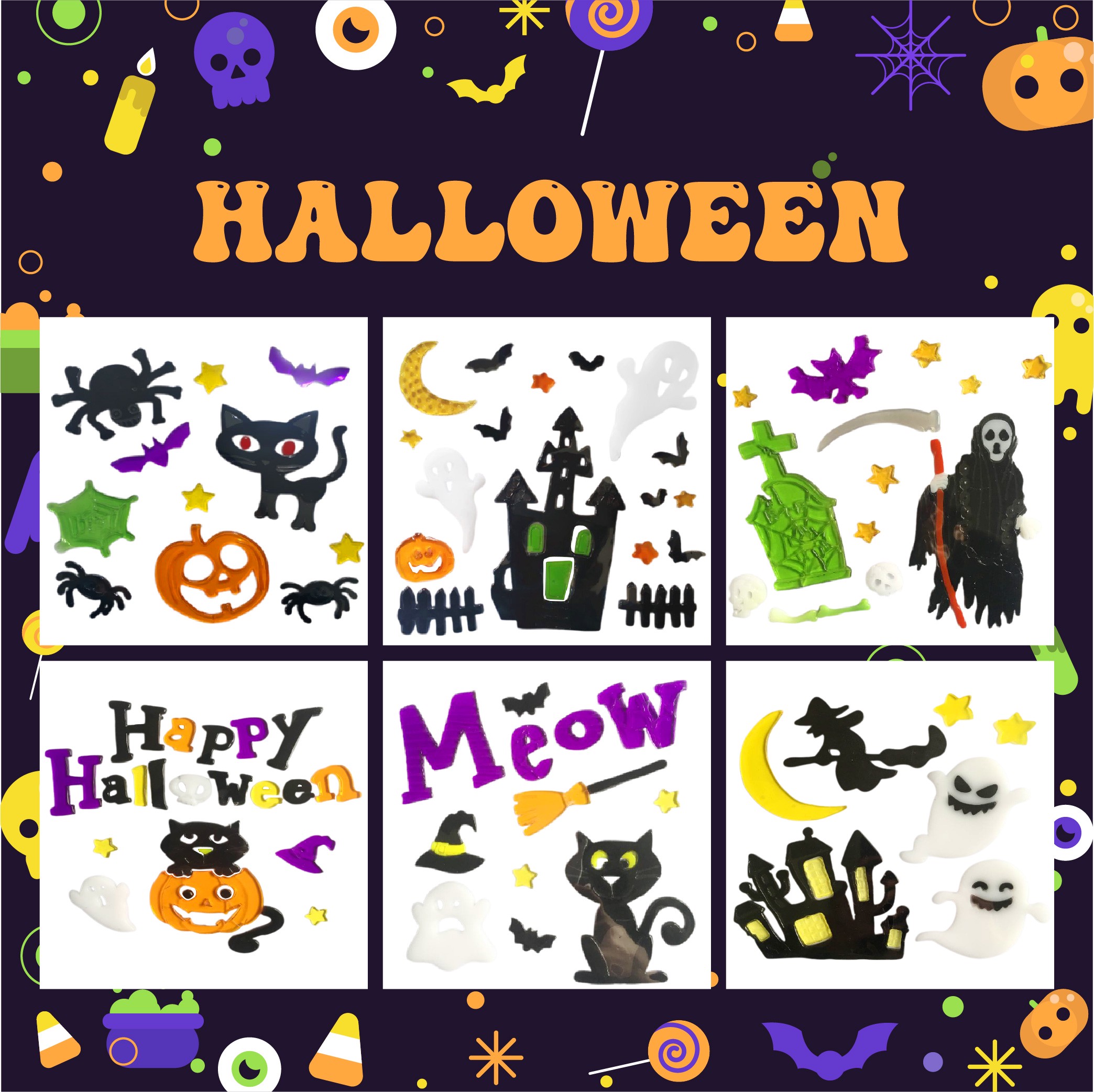 Adhesivos de gel para ventanas de Halloween fantasma calabaza murciélago bruja gato Boo sangre pegatinas decorativas para decoraciones de ventanas de Halloween en el hogar y fiestas