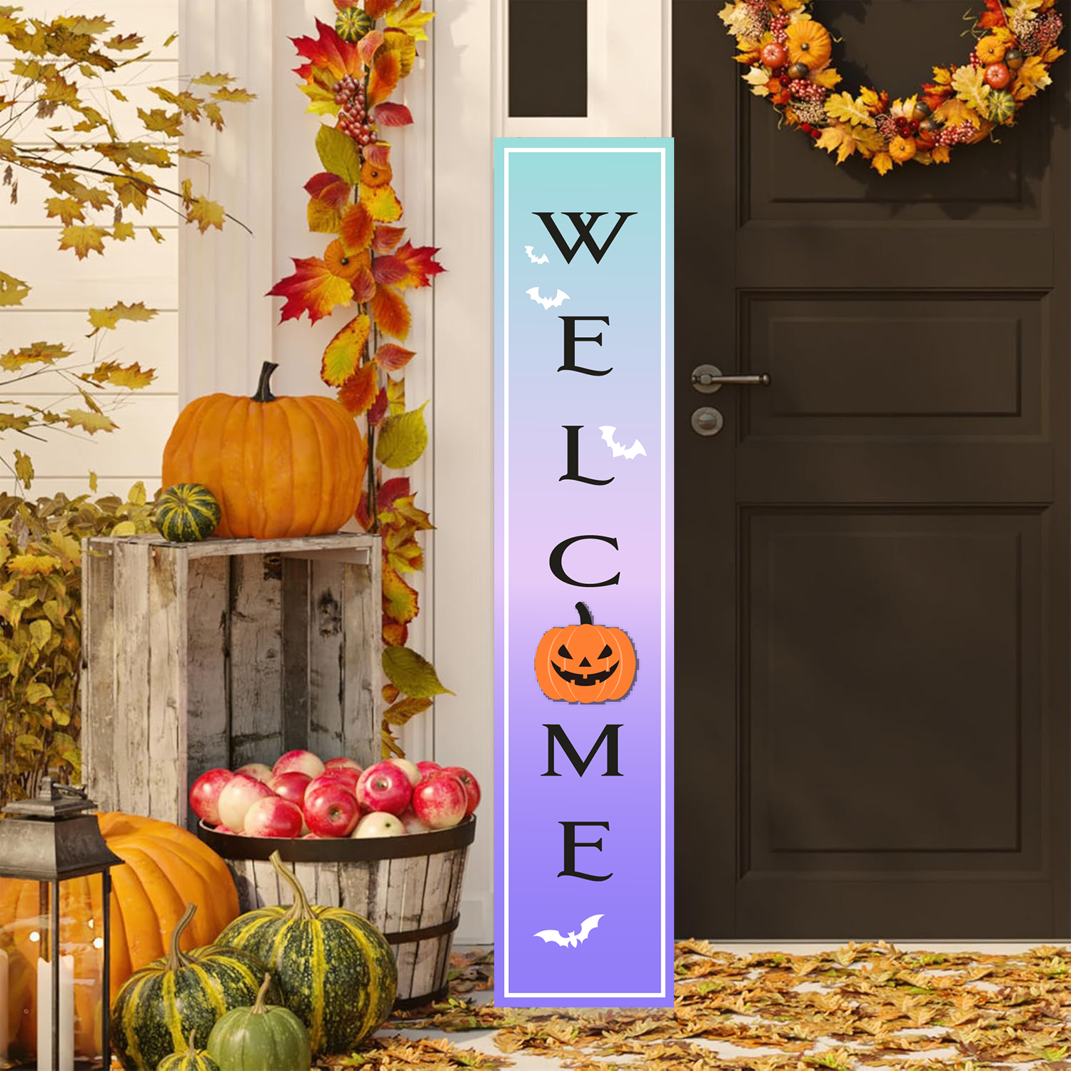 Letrero de Halloween Letrero espeluznante de Halloween para porche Letrero vertical de madera para porche para decoraciones de puerta, Letrero colgante de pared estilo rústico para decoración de hogar exterior jardín