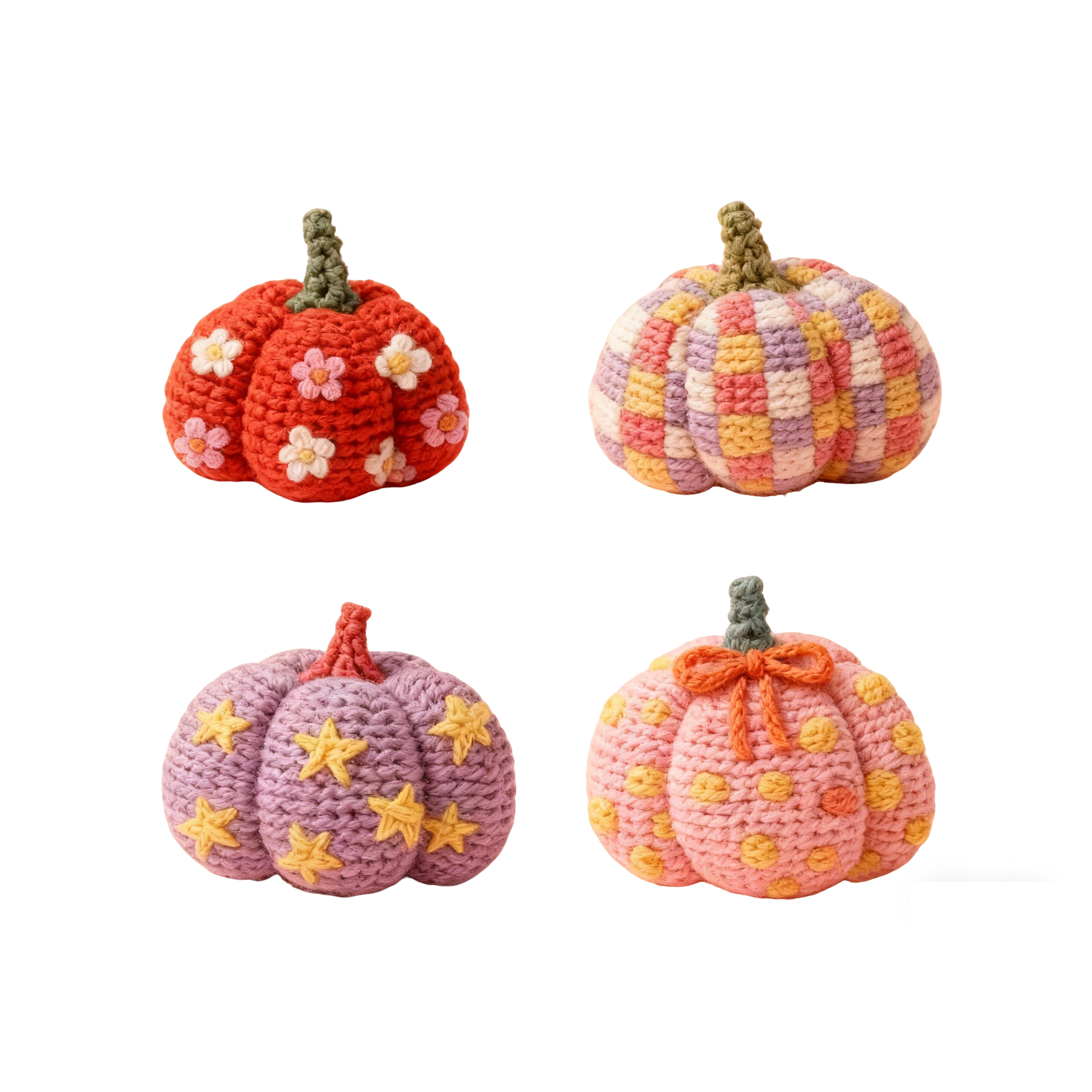 Kit de calabaza de crochet, set de amigurumi de otoño con calabazas de flores, tablero de ajedrez, estrella y lunares, kit de crochet DIY para principiantes con hilo, aguja e instrucciones, bonita manualidad decorativa de otoño para Halloween y Acción de Gracias, regalo para adultos