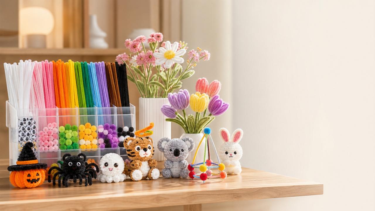 Tipos de kits de manualidades con limpiapipas esponjosos: animales, flores, estaciones y conjuntos STEM