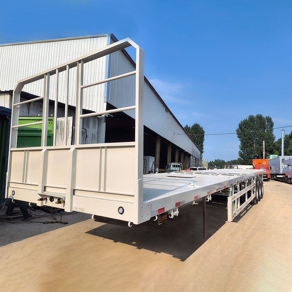 3 axle 40ft container shipping flatbed semi trailer front three quarter view highlighting container locks and axle layout