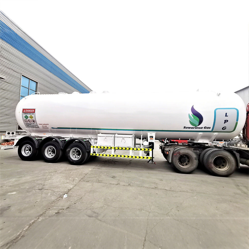 53.2m³ 3 axle LPG tanker trailer side view showing insulated pressurized tank and suspension system 53.2m³ Remorque-citerne GPL 3 essieux